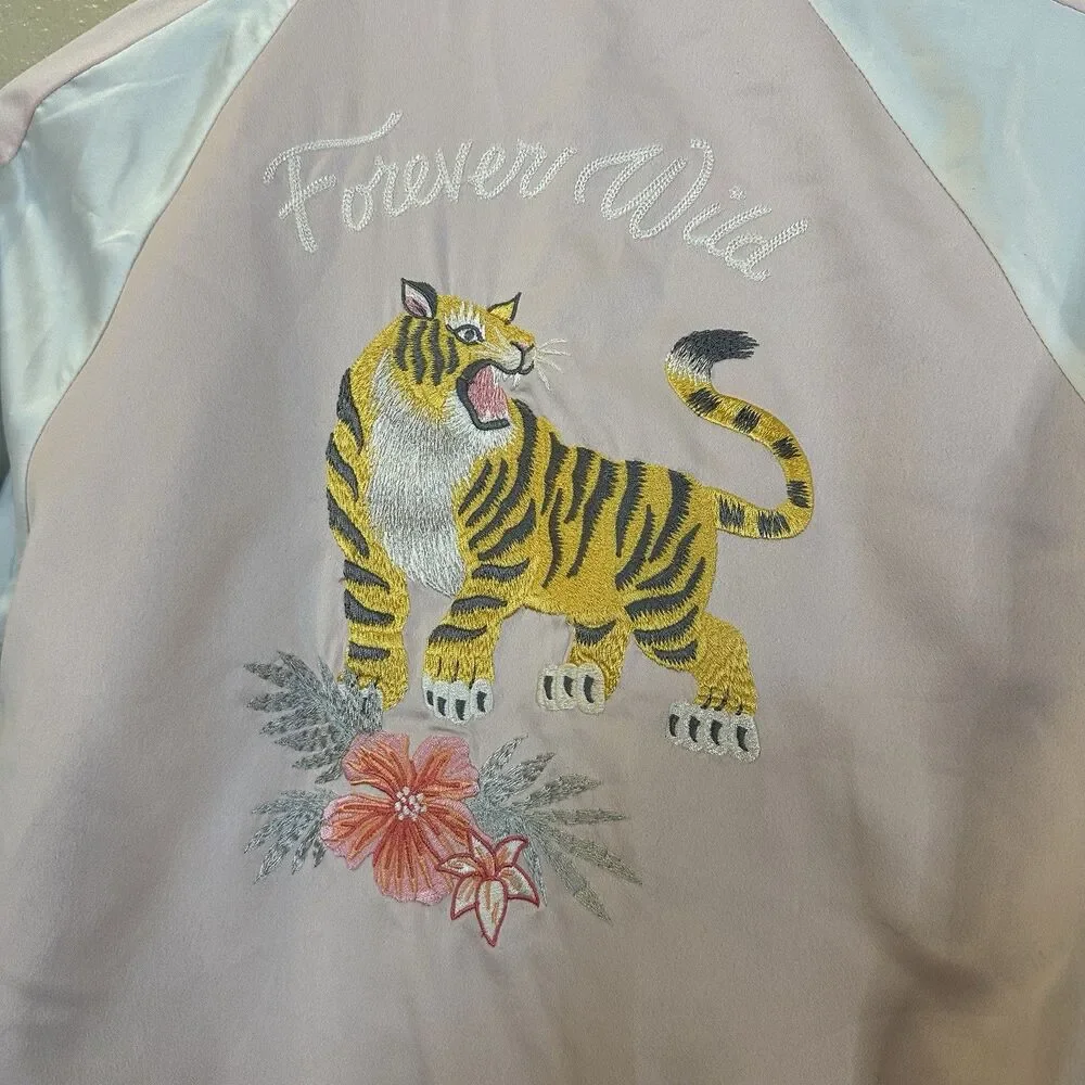 Hollister Bomber Jacket Womens Medium Pink Embroidered Tiger Reversible Zip Up - Picture 7 of 14